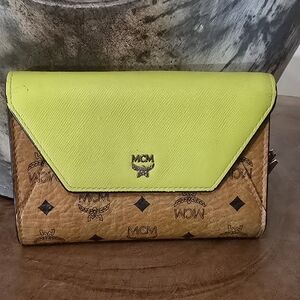 MCM Neon Yellow and Brown Women's Bi-fold Wallet